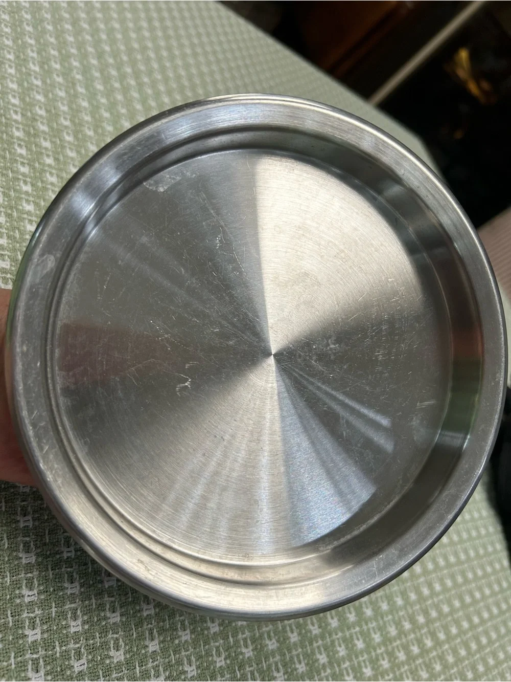 Lustre Craft stainless 7” pan w/fitted lid, black handle w hanging ring. Heavy!